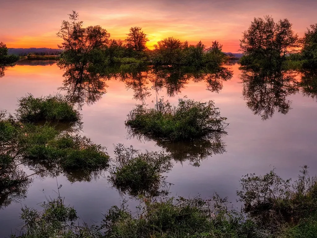 Prompt: a calm, soothing and cozy landscape, sunset, lake