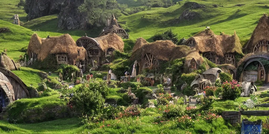 Image similar to a still from howl's moving castle of hobbiton in the shire