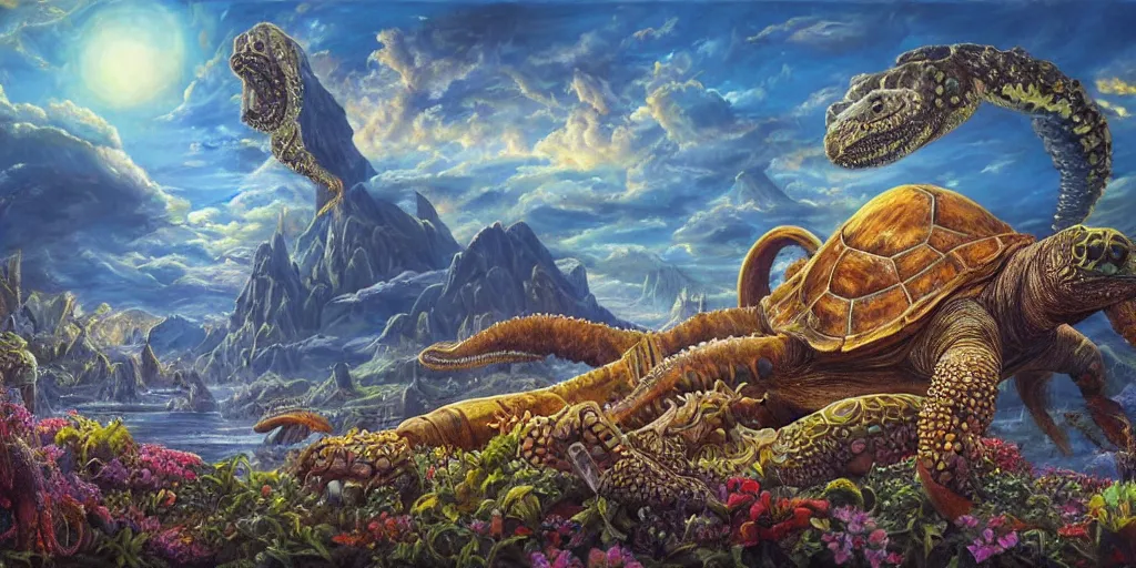 Image similar to fantasy oil painting, great leviathan, cybernetic turtle cephalopod terrapin reptilian pachyderm squid, bella hadid, hybrid, milla jovovich, anubis epic islamic city, natural light, lush plants flowers, spectacular mountains, bright clouds, luminous sky, outer worlds, golden hour, michael cheval, edward hopper, michael whelan, hd