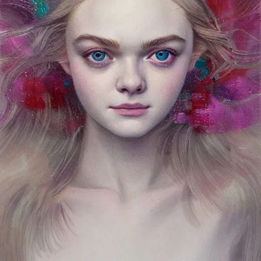 Image similar to professional painting of Elle Fanning on the beach in the style of Conrad Roset and Dino Valls and Hikari Shimoda, head and shoulders portrait, symmetrical facial features, smooth, sharp focus, illustration, intricate, stormy weather, extremely detailed masterpiece,