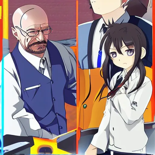 Prompt: walter white in an anime visual novel