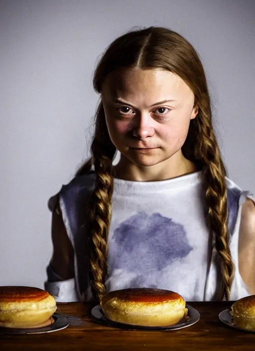 Image similar to closeup portrait of greta thunberg as a medieval goblin eating cakes, depth of field, zeiss lens, detailed, symmetrical, centered, fashion photoshoot, by Annie Leibovitz and Steve McCurry, David Lazar, Jimmy Nelsson, Breathtaking, 8k resolution, extremely detailed, beautiful, establishing shot, artistic, hyperrealistic, beautiful face, octane render