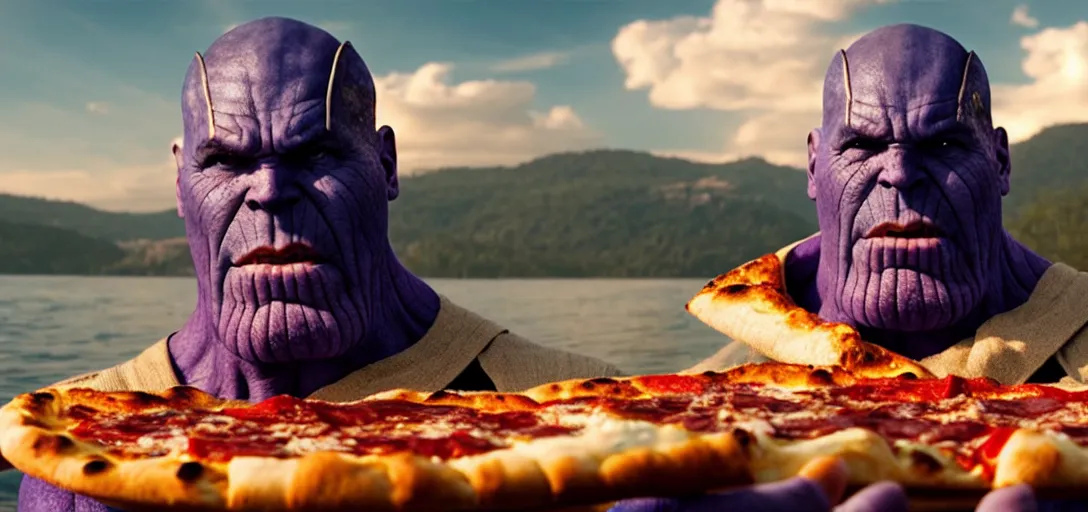 Image similar to a very high resolution image from a new movie. thanos eating pizza on a lake, photorealistic, photography, directed by wes anderson