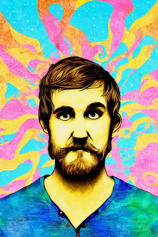 Prompt: inspirational style hope poster of bo burnham with beard, psychedelic colors, highly detailed, realistic, loving, by steven belledin