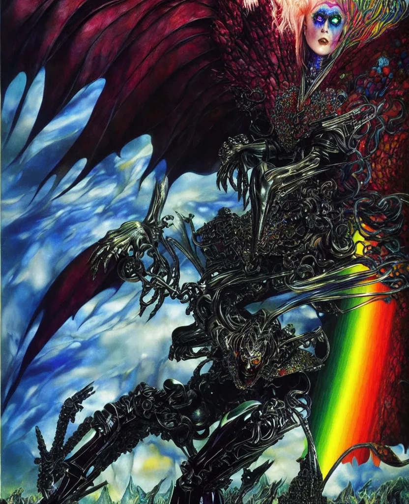 Prompt: realistic detailed image of ultra wrathful rainbow diamond iridescent mega griffith from berserk, depth perception, depth of field, action horror by ayami kojima, neo - gothic, gothic, part by adrian ghenie and gerhard richter. art by roger dean. masterpiece
