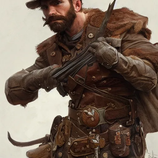 Image similar to portrait of a rugged ranger, coherent hands, handsome, muscular, full body, leather, hairy, d & d, fantasy, intricate, elegant, highly detailed, digital painting, artstation, concept art, smooth, sharp focus, illustration, art by artgerm and greg rutkowski and alphonse mucha