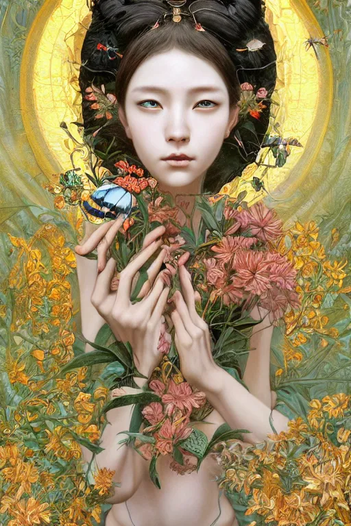 Prompt: breathtaking detailed concept art painting of the goddess of bugs, orthodox saint, with anxious, piercing eyes, ornate background, amalgamation of leaves and flowers, by Hsiao-Ron Cheng, James jean, Miho Hirano, Hayao Miyazaki, extremely moody lighting, 8K