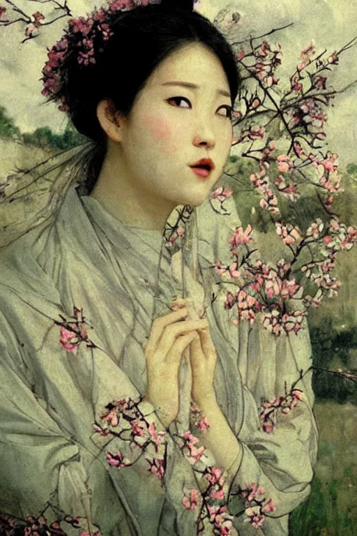 Image similar to close - up fashion asian woman portrait airy flowers sacura cloudy sky art by vasnetsov