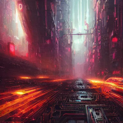 Image similar to an enigmatic and terrifying painting of a cyberpunk universe by marc simonetti, greg rutkowski, ferdinand knab, colour, hyper detail, 8 k, city, universe, nebula, cars, neon, neo - tokyo, burst of colour, imaginary, concept art, out of this world, depth, incredible depth