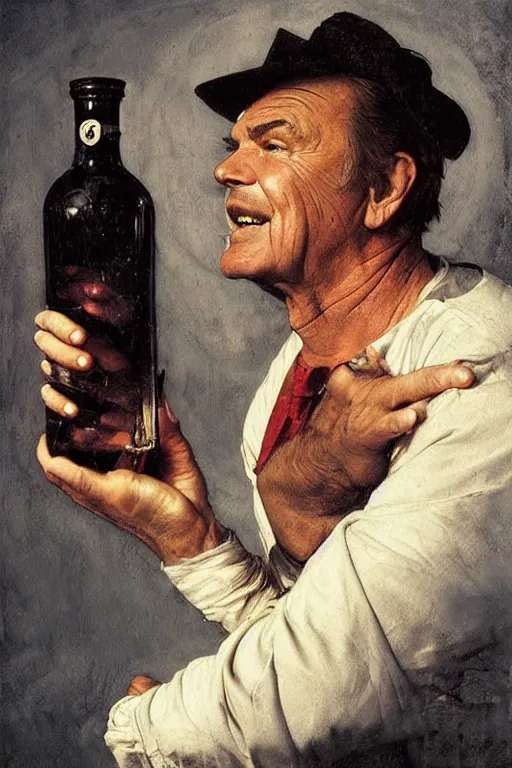 Prompt: a ship in a bottle but instead of a ship it is jack nicholson in the bottle, painting by caravaggio, artgerm, greg rutkowski, edgar maxence, norman rockwell, tom bagshaw