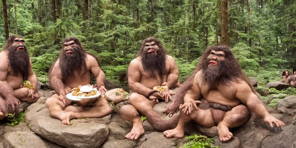 Image similar to photo, three hairy neanderthal people, sumo japanese, eating inside mcdonalds, surrounded by dinosaurs!, gigantic forest trees, sitting on rocks, bright moon, birthday cake on the ground, front view