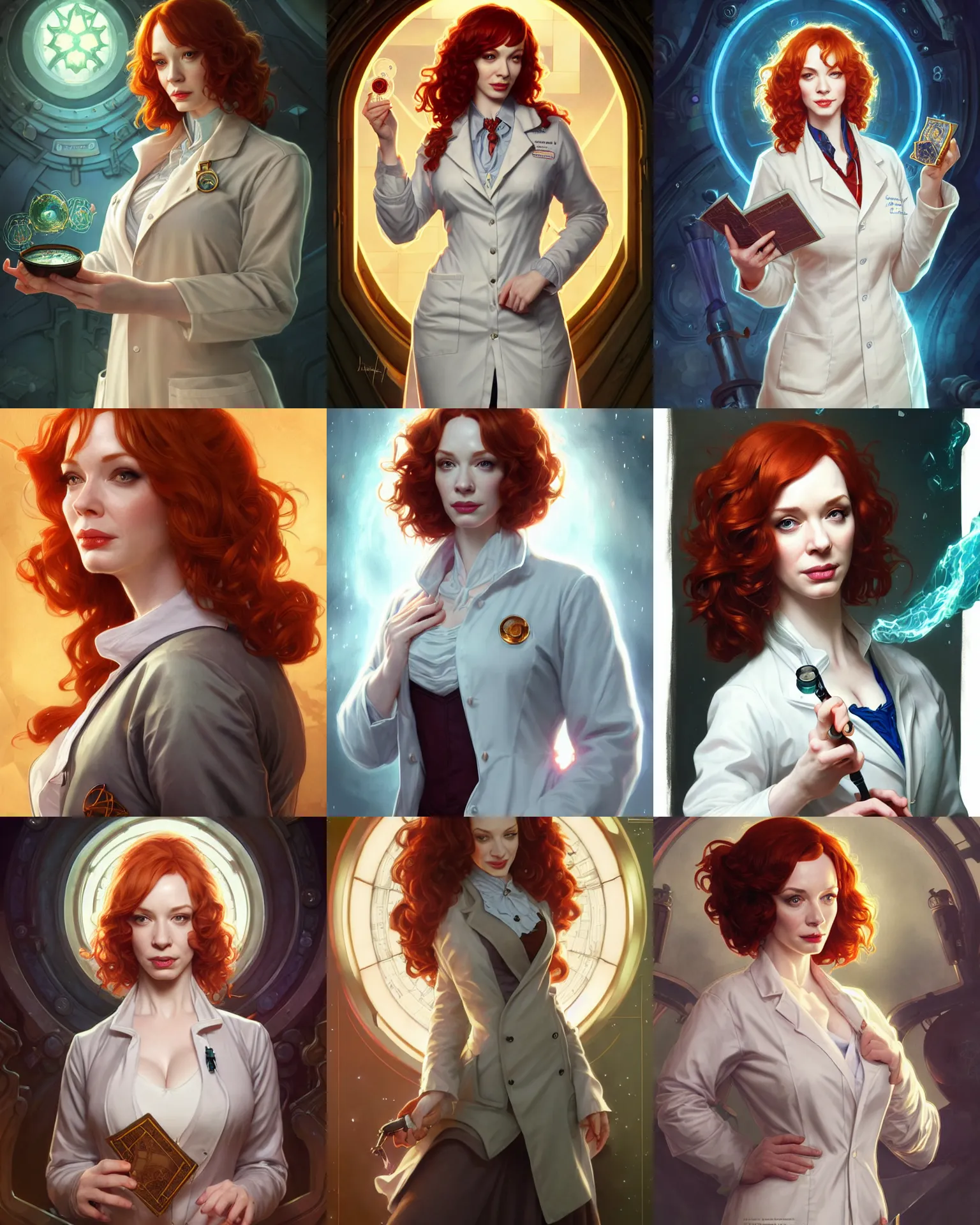 Prompt: christina hendricks as a confident scientist, wearing a labcoat, deep focus, d & d, fantasy, intricate, elegant, highly detailed, digital painting, artstation, concept art, matte, sharp focus, illustration, hearthstone, art by artgerm and greg rutkowski and alphonse mucha