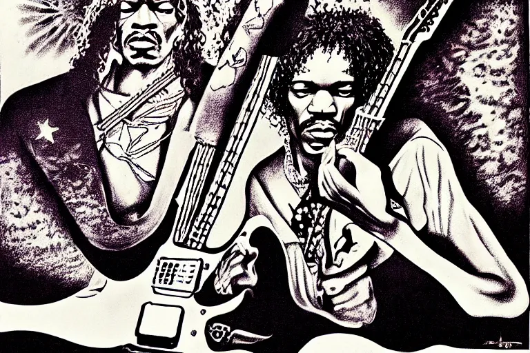 Prompt: grunge rock jimi hendrix, psychedelic concert poster, grainy, surrealist hand drawn by lynd ward, extremely detailed.