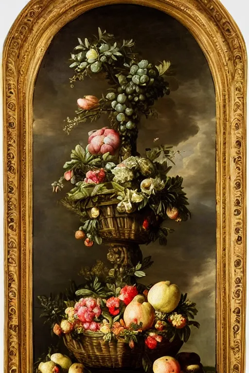 Image similar to a beautiful detailed baroque painting of fruit and flowers in a basket on a fancy tall pedestal, with a window with curtains in the background by Bartolomé Esteban Murillo