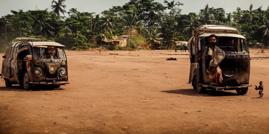 Image similar to sri lankan mad max style, tuk tuk, film still, epic shot cinematography, rule of thirds