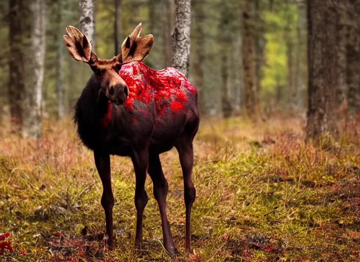 Image similar to an award winning photo of an! undead!!! zombie!! moose with red! eyes!, full body portrait, evening!! in the forest, 4 k, wildlife photography, high quality, national geographic