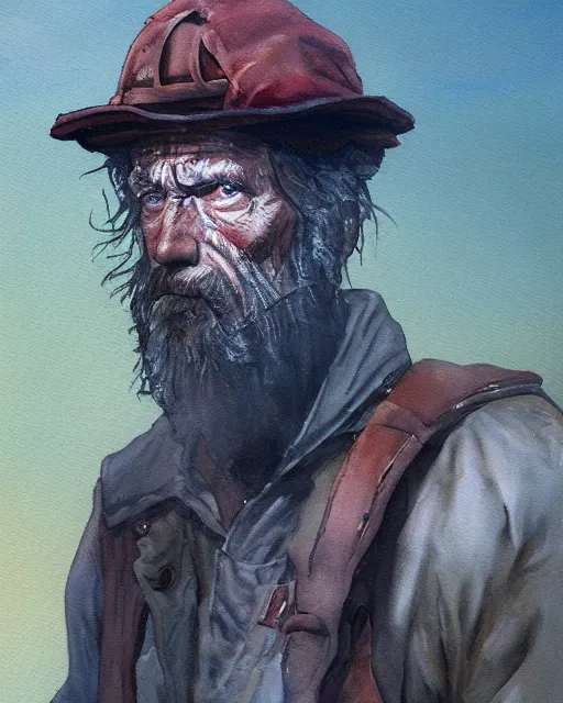 Image similar to a oil / watercolor painting full body character portrait of a homeless soldier past his prime in the style of moebius in the style of leonard boyarsky trending on artstation deviantart pinterest detailed photorealistic highlights and shadow hd 8 k post - processing high resolution