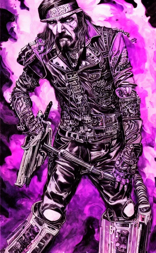 Prompt: full body portrait of lemmy killmeister with a lot of purple smoke!!!, concept art, sumi - e style, intricate linework, artstation, trending, highly detailed, smooth, focus, art by yoji shinkawa and glenn fabry,