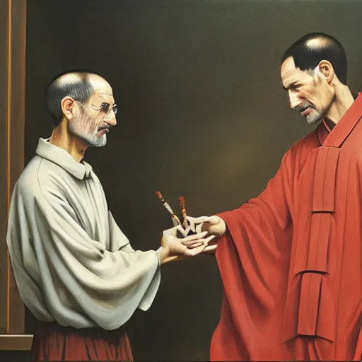 Prompt: Caesar and Steve Jobs playing Go in the ancient Chinese palace , oil painting, 4k,