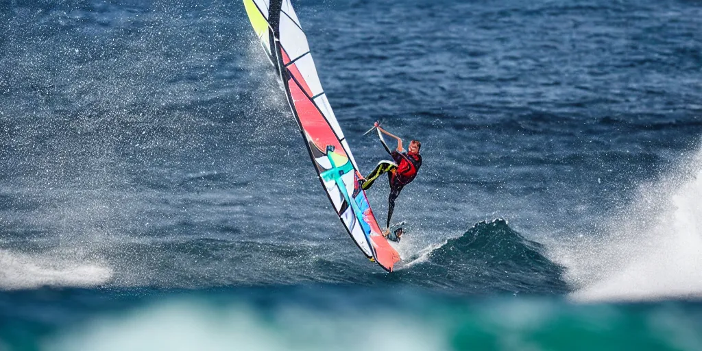 Prompt: kristoffer egeberg windsurfing in hawaii, extreme closeup