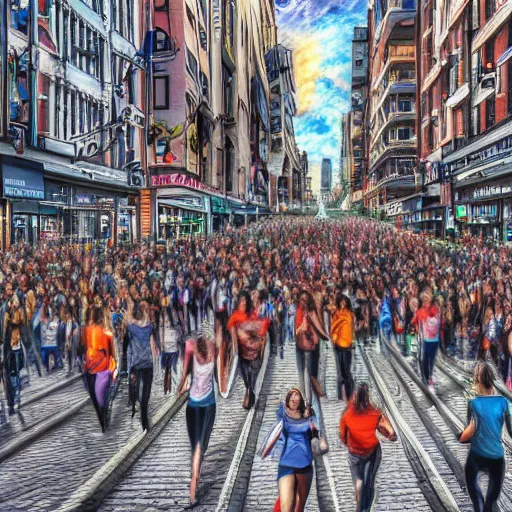 Image similar to landscape of people running away scared from crypto logos standing in the city, hyperrealism art, cointelegraph inspired design, hyperdetailed, hdr, 8 k