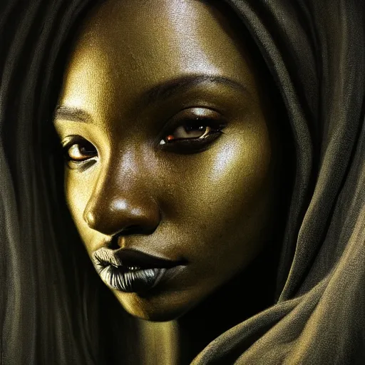 Image similar to a portrait of a young black woman wearing a long dark cloak, hood and shadows covering face, anatomically correct, beautiful perfect face, enigmatic, oil painting, matte painting, black background, Volumetric Golden dappled dynamic lighting, Highly Detailed, Cinematic Lighting, Unreal Engine, 8k, HD, by Beksinski