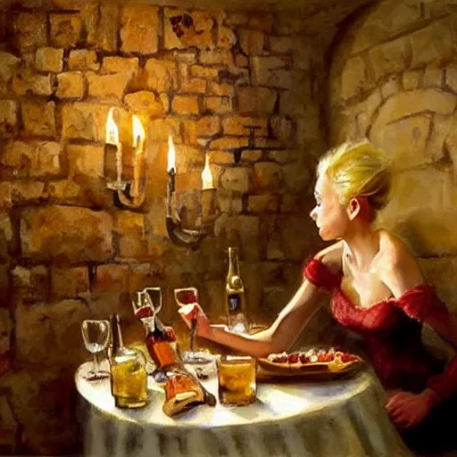 Image similar to hot blonde in a wine cellar, food, pork, beer, schnapps, rustic, traditional, torches on the wall, watercolor by vladimir volegov, highly detailed, masterpiece