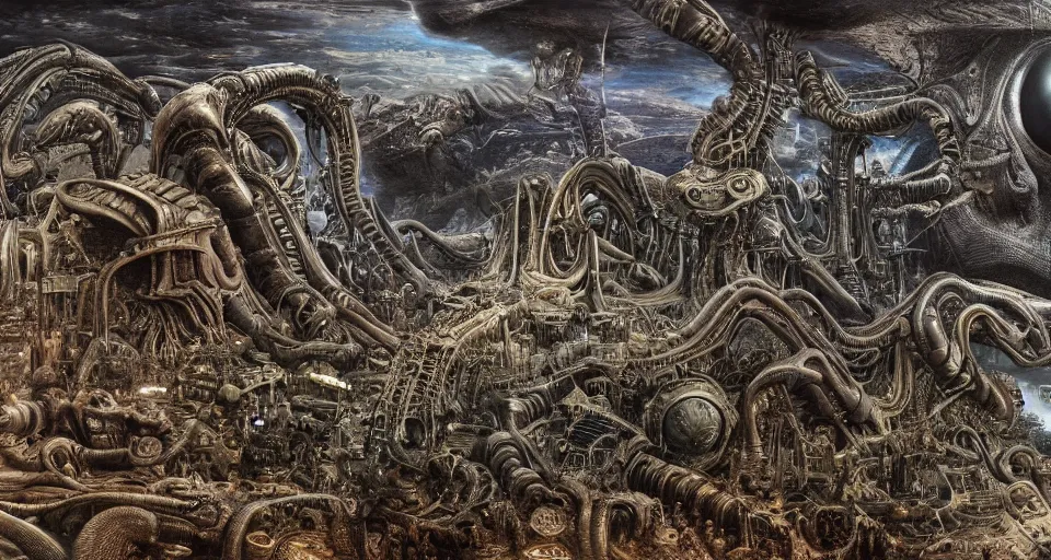 Prompt: alien planet, inhabited by giant aliens, dichromatism, 8 k, super - resolution, massive scale, insanely detailed and intricate, hypermaximalist, elegant, ornate, hyper realistic, super detailed, by h. r. giger