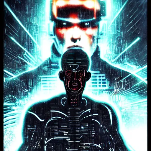 Image similar to a menacing cyborg, in the style of bladerunner movie.