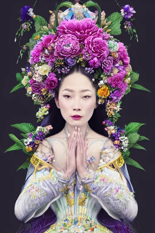 Prompt: a beautiful empress portrait, with a brilliant, impossible striking big flower headpiece, clothes entirely made out of flowers, magical garden background, symmetrical, dramatic studio lighting, rococo, baroque, jewels, asian, hyperrealism, closeup, D&D, fantasy, intricate, elegant, highly detailed, digital painting, artstation, octane render, 8k, concept art, matte, sharp focus, illustration, art by Artgerm and Greg Rutkowski and Alphonse Mucha