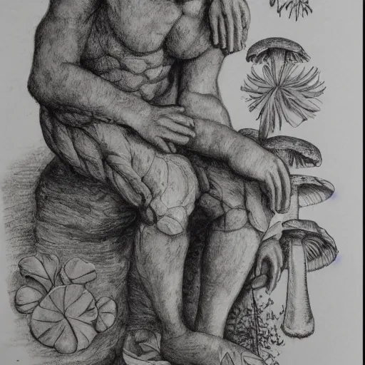 Prompt: botanical sketch, The thinker sculpture, in the style of William Bartram with mushrooms and peyote at the base, high detail, b&w,