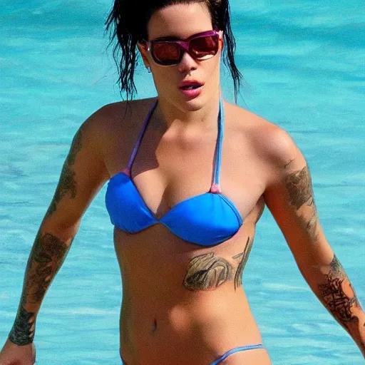 Image similar to halsey in a bikini, hyper realistic