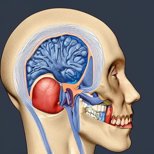 Prompt: library inside anatomically accurate cross-sectional view of the human head from the side from medical book