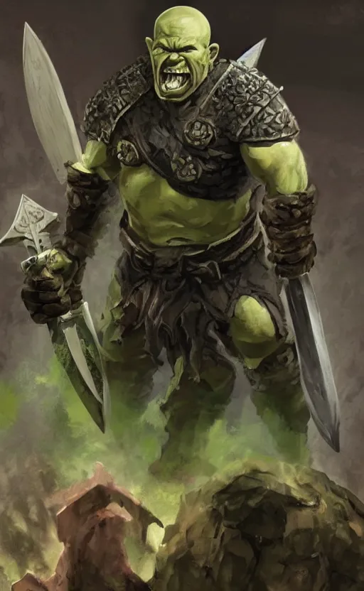 Prompt: A bald, half orc berserker his skin with a greenish tint covered in scars with crude leather armor dual wielding a battle axe and a war hammer. A half grin on his face