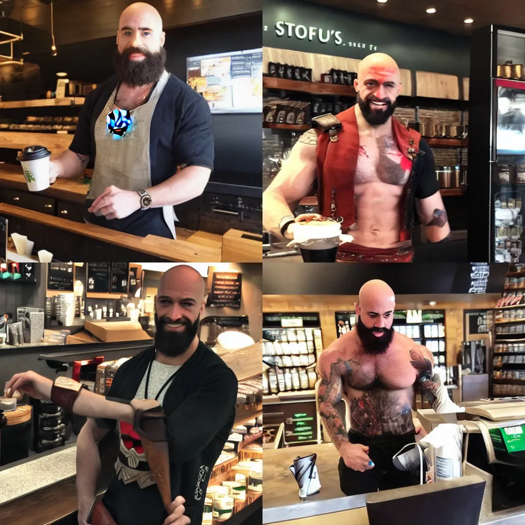 Prompt: kratos working at starbucks