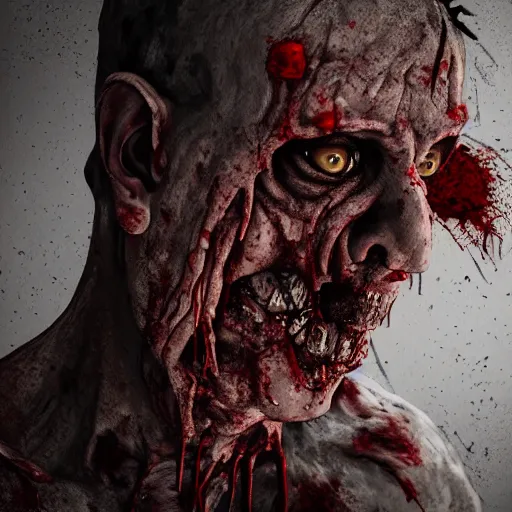 Image similar to butcher angry rotting zombie, detailled portrait, in an butchery, feeling of grimdark horror, daytime, high contrast, ultra intricate detailed, octane render, unreal engine