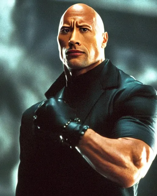 Image similar to film still close up shot of dwayne johnson as morpheus from the movie the matrix. photographic, photography