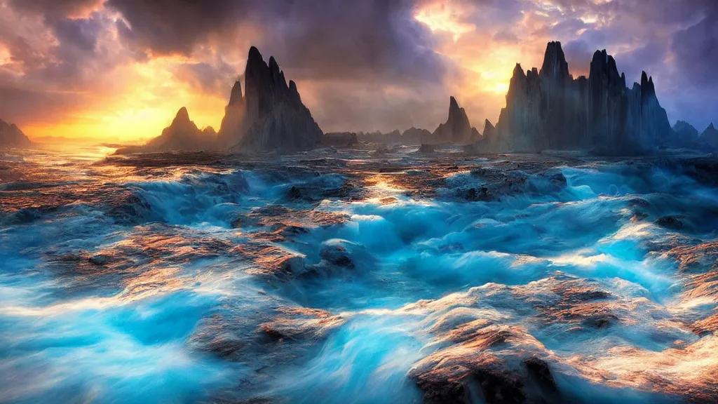 Image similar to amazing landscape photo of atlantis by marc adamus, beautiful dramatic lighting