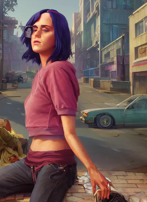 Image similar to Highly detailed full-body portrait of homeless Katy Perry, in GTA V, Stephen Bliss, unreal engine, fantasy art by Greg Rutkowski, Loish, Rhads, Makoto Shinkai and Lois van baarle, ilya kuvshinov, rossdraws, Mat collishaw, global illumination, radiant light, detailed and intricate environment