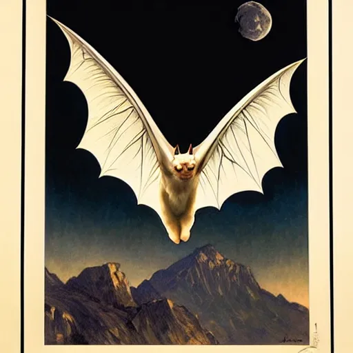 Image similar to hyper realistic white bat, flying against a dark black night sky, mountain in the background, moonlight, denoised, very detailed, painted by james gurney, alphonso mucha, norman rockwell, tom bagshaw