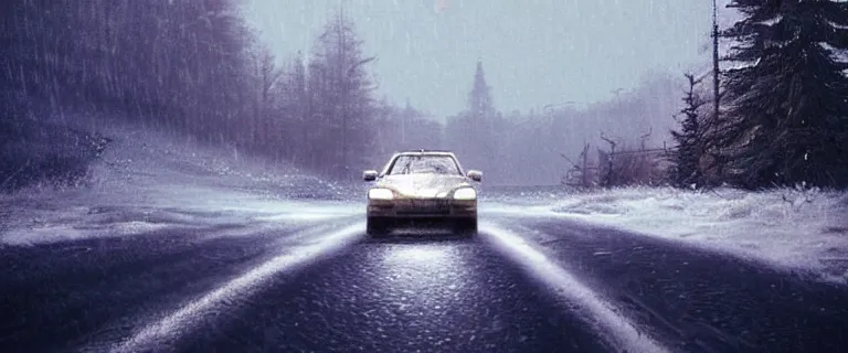 Prompt: Audi A4 B6 Avant (2002), a gritty neo-noir, dramatic bright lighting, cinematic, establishing shot, extremely high detail, photorealistic, cinematic lighting, artstation, by simon stalenhag, Snowy ukrainian road, At night, Poets of the Fall - Late Goodbye
