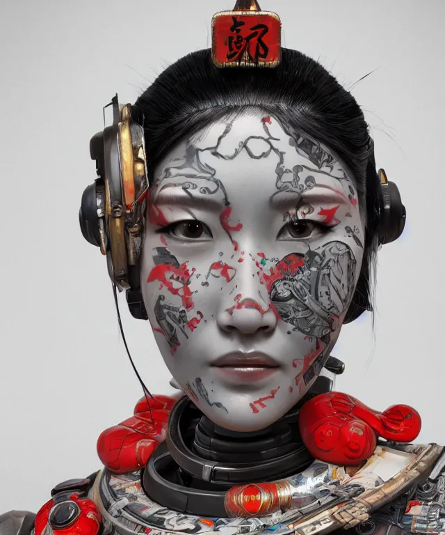 Image similar to an epic fantastic realism comic book style portrait painting of a japanese robotic geisha with kanji tattoos and decals, apex legends, octane render, intricate detail, 4 k hd, unreal engine 5