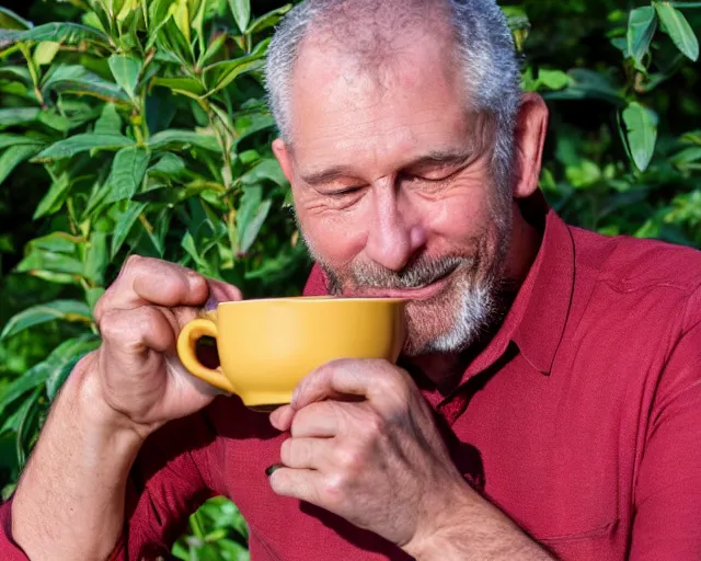 Image similar to mr robert is drinking fresh tea, smoke pot and meditate in a garden from spiral mug, detailed smiled face, muscular hands, golden hour closeup photo, red elegant shirt, eyes wide open, ymmm and that smell