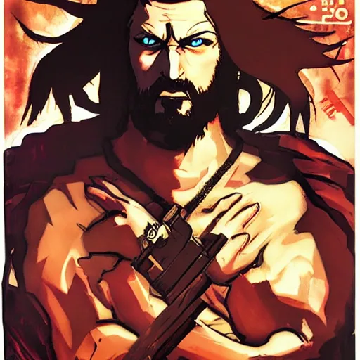 Image similar to portrait jesus in a jojo pose, game poster by yoji shinkawa