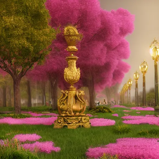 Image similar to 8k, octane render, realism, tonalism, renaissance, rococo, baroque, empty renaissance park, pink flowers, chaotic gold leaf flowers