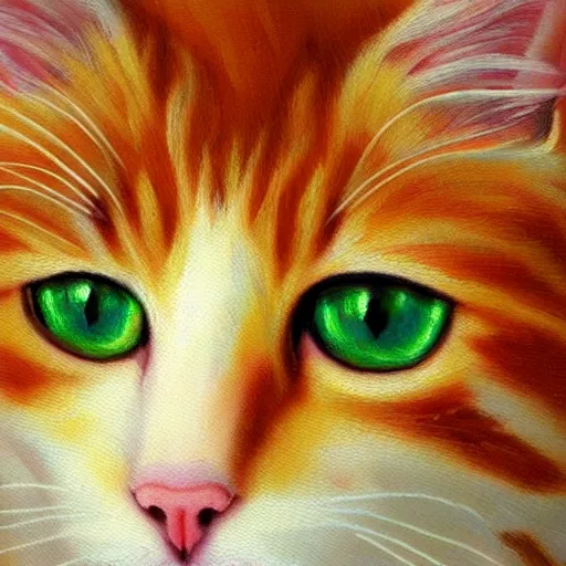 Image similar to oil painting of longhaired light orange and medium orange cat with green eyes, bushy tail, pointy ears, artistic, elegant,