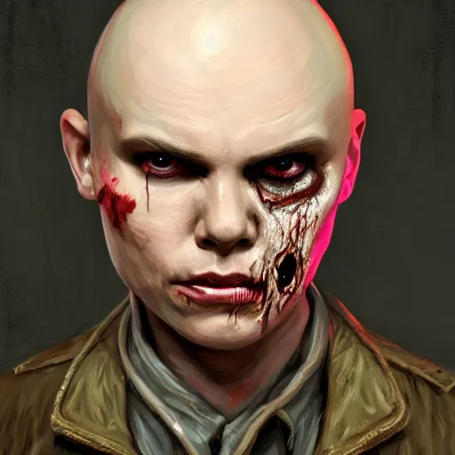 Image similar to head portrait of young and handsome billy corgan as a zombie, 7 days to die zombie, gritty background, fine art, award winning, intricate, elegant, sharp focus, cinematic lighting, digital painting, 8 k concept art, art by michael hussar, art by brom, art by guweiz and z. w. gu, 8 k