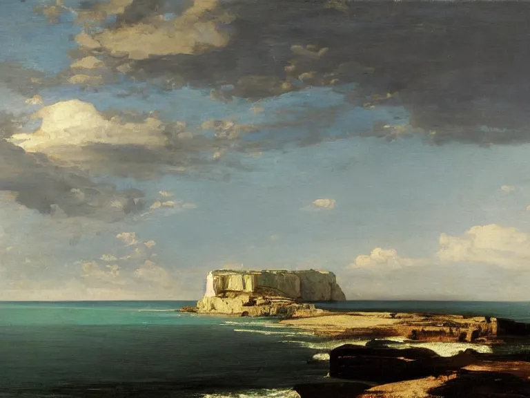 Prompt: an oil painting of a coastline with white cliffs and a calm ocean vista by moebius carl spitzweg and tuomas korpi. baroque elements, full-length view. baroque element. intricate artwork by caravaggio. Trending on artstation. 8k