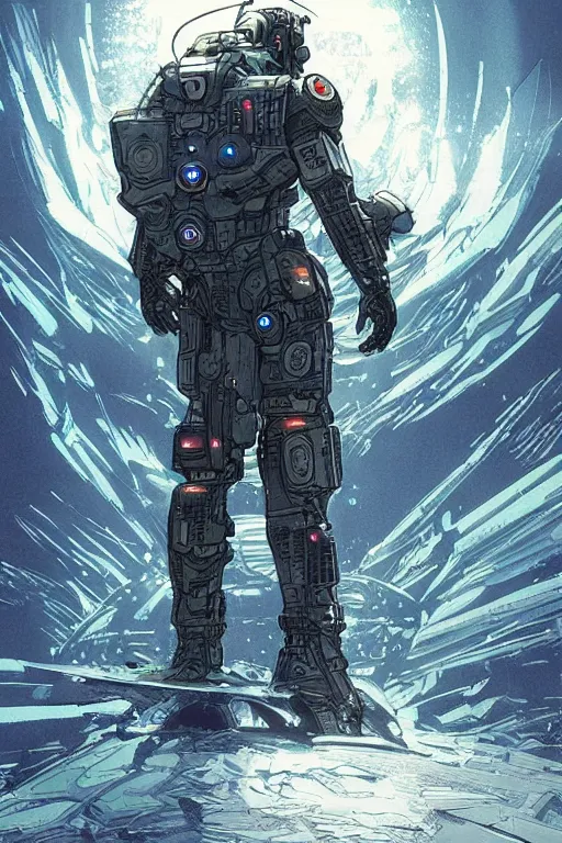Prompt: comic book illustration, an android soldier surfs on a wave of large ice crystals, cyberpunk concept art by Moebius, highly detailed, intricate, sci-fi, sharp focus, Trending on Artstation HQ, deviantart