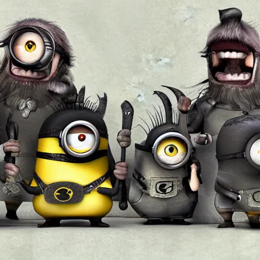 Image similar to The minions in The Vikings Digital art very detailed 4K quality Super Realistic